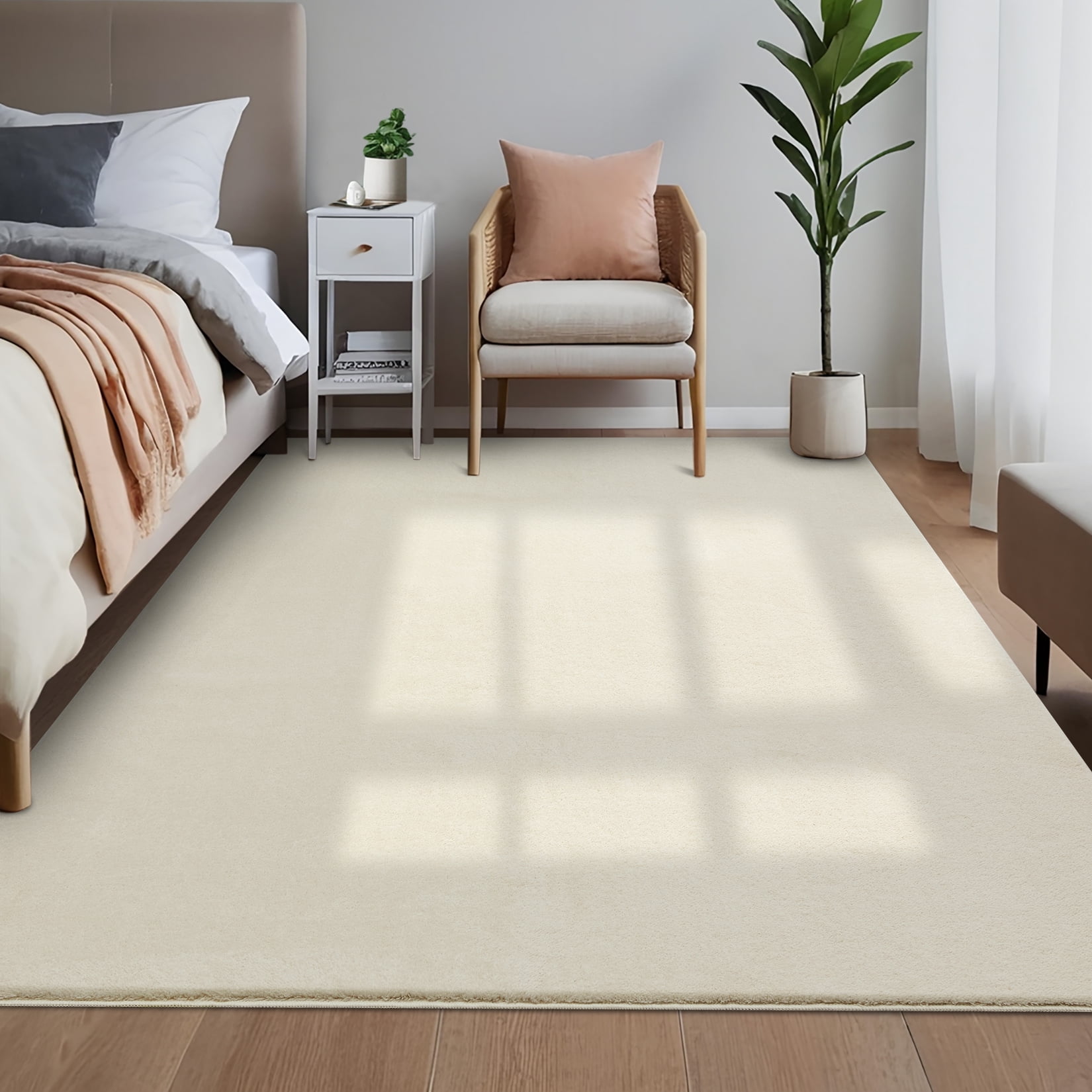 Hasoo Washable Area Rug Modern Minimalist Beige Rug with Non Slip Backing Soft Fluffy Living Room Carpet