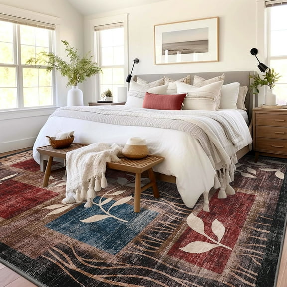Hasoo Washable Area Rug for Living Room 10x13 Modern Floral Patchwork Rugs Indoor Abstract Carpet for Dining Room, Brown/Red