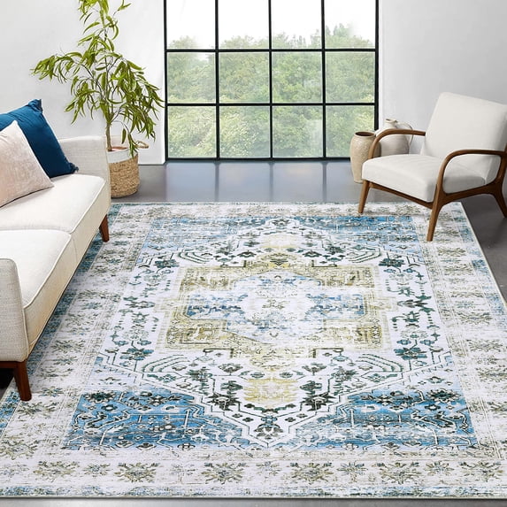 Hasoo Washable Area Rug for Living Room Non Slip Distressed Oriental Rug for Bedroom Kitchen, Blue 3' x 5'