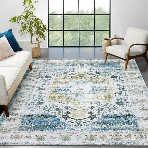 Hasoo Washable Area Rug for Living Room Non Slip Distressed Oriental Rug for Bedroom Kitchen, Blue 4' x 6'