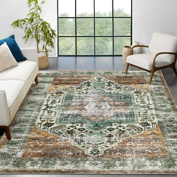 Hasoo Washable Area Rug for Living Room Non Slip Distressed Oriental Rug for Bedroom Kitchen, Rust 5' x 7'
