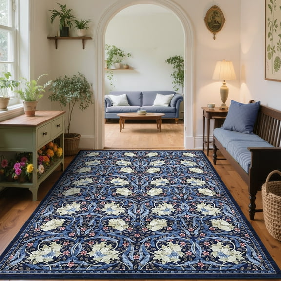 Hasoo Washable Area Rugs 10' x 13' Rug for Living Room Floral Modern Non Slip Throw Indoor Carpet, Blue
