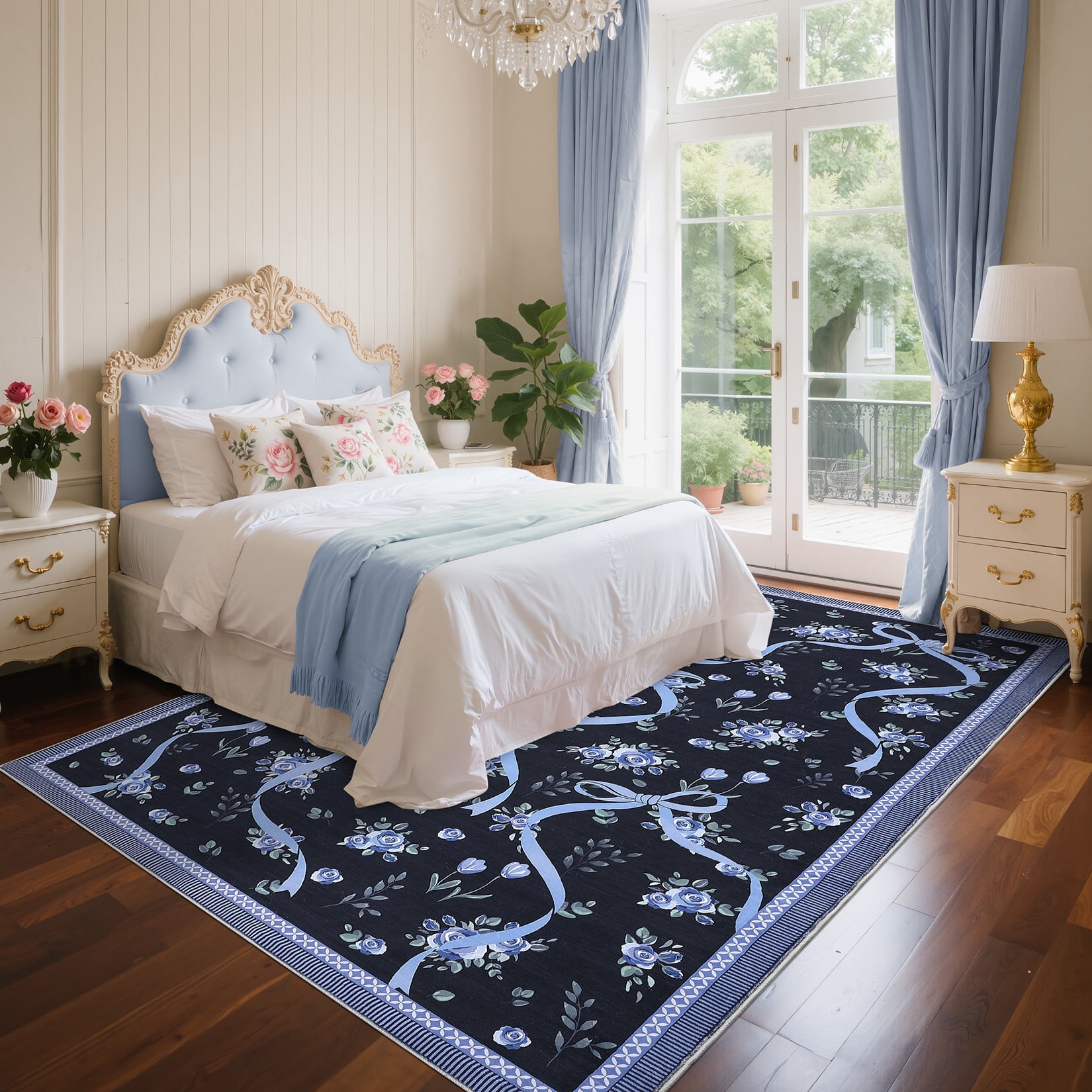 Hasoo Washable Area Rugs 10' x 13' Rug for Living Room Floral Modern Non Slip Throw Indoor Carpet, Blue