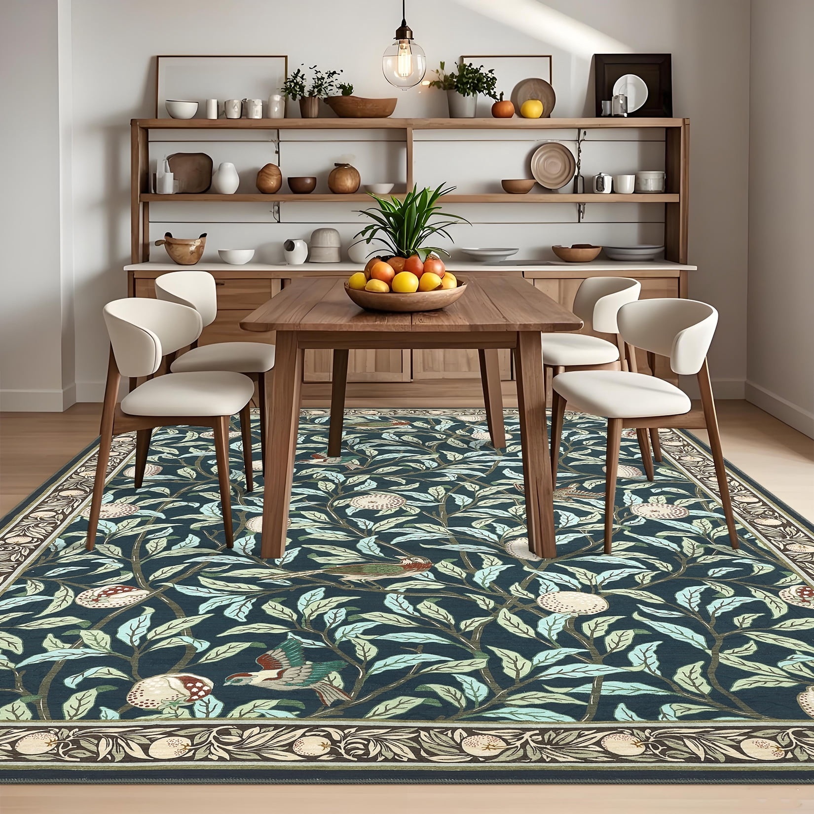 Hasoo Washable Area Rugs 10' x 13' Rug for Living Room Floral Modern Non Slip Throw Indoor Carpet, Dark Blue