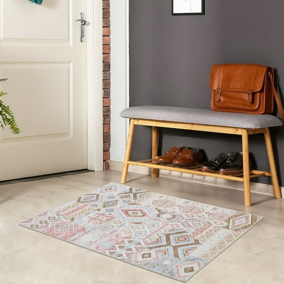 Hasoo Washable Area Rugs 2' x 3' Ethnic Tribes Rug Non-Slip Door Mat Boho Accent Throw Indoor Floor Carpets Bluish pink