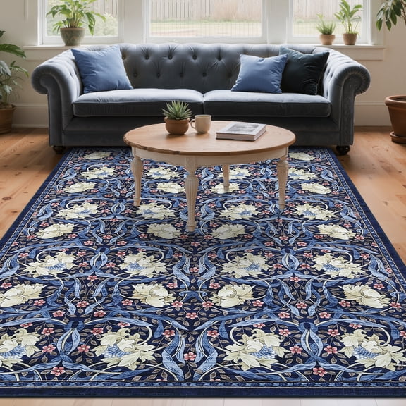 Hasoo Washable Area Rugs 5' x 7' Rug for Living Room Floral Modern Non Slip Throw Indoor Carpet, Blue