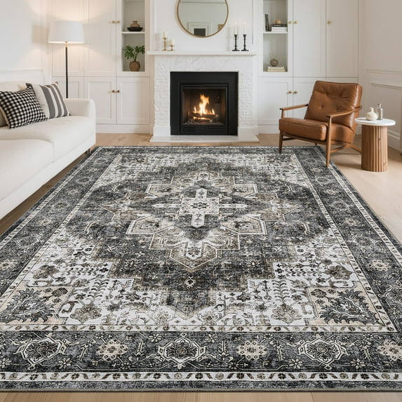 Hasoo Washable Area Rugs 8' x 10' Rug for Living Room Floral Modern Non Slip Throw Indoor Carpet, Brown