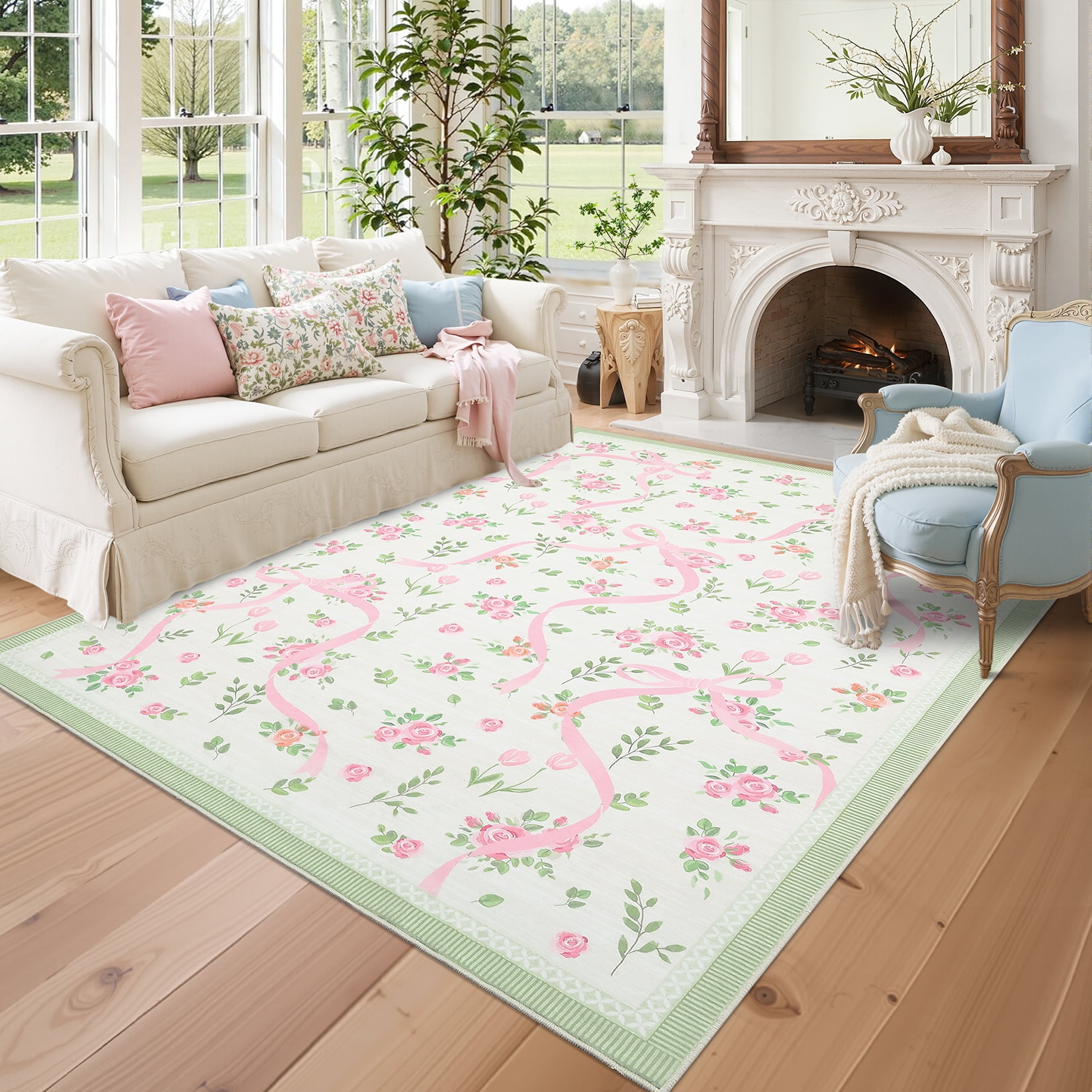 Hasoo Washable Area Rugs 8' x 10' Rug for Living Room Floral Modern Non Slip Throw Indoor Carpet, Green