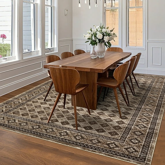 Hasoo Washable Area Rugs 9'x 12' Rug for Living Room Checkered Geometric Modern Trellis Non Slip Brown Throw Rugs