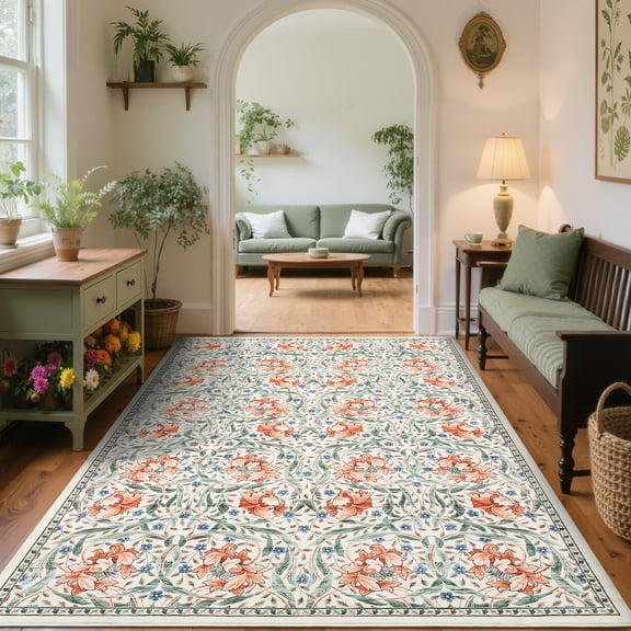 Hasoo Washable Area Rugs 9' x 12' Rug for Living Room Floral Modern Non Slip Throw Indoor Carpet, Beige