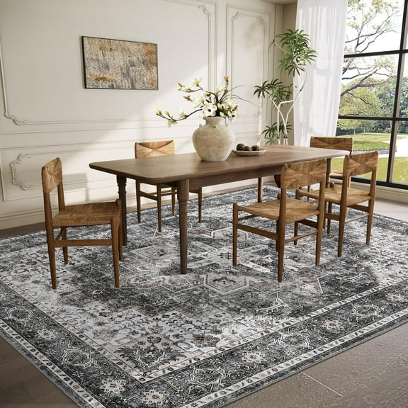 Hasoo Washable Area Rugs 9' x 12' Rug for Living Room Floral Modern Non Slip Throw Indoor Carpet, Brown