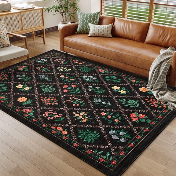 Hasoo Washable Area Rugs 9'x 12' Rug for Living Room Floral Modern Trellis Non Slip Blue Throw Rugs