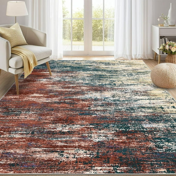 Hasoo Washable Bedroom Area Rug 8' x 10' Rug for Living Room Polyester Red/Green Stain-Resistant Indoor Carpet