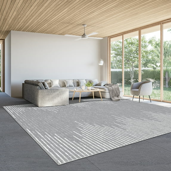 Hasoo Washable Bedroom Rug Geometric Striped Area Rug Soft Non Slip Low Pile Stain Resistant Carpet, Gray 9' x 12'