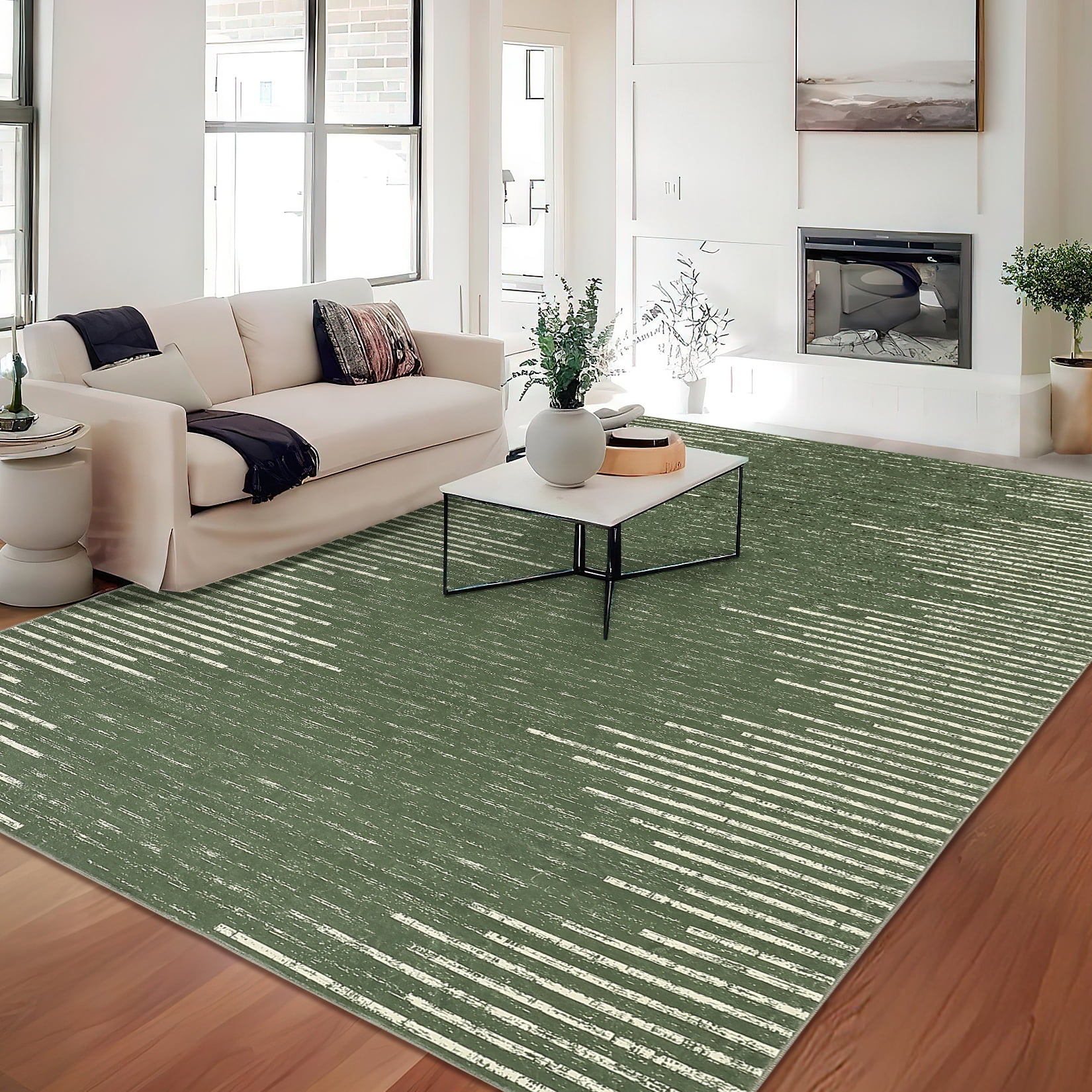 Hasoo Washable Bedroom Rug Geometric Striped Area Rug Soft Non Slip Low ...