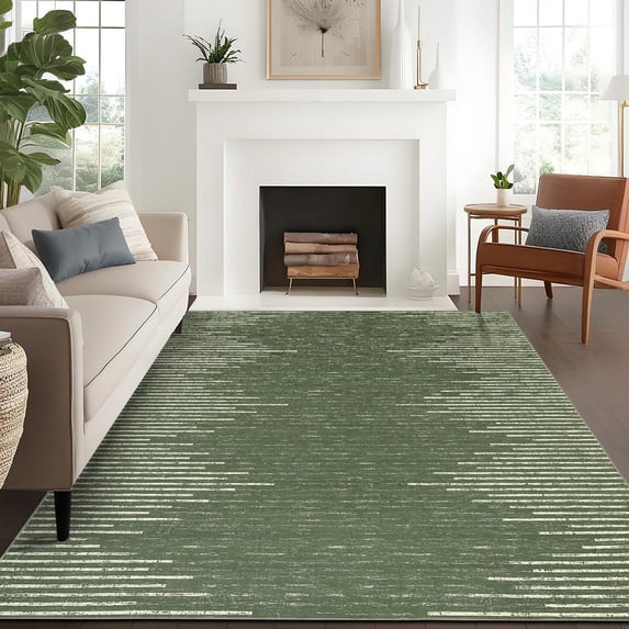 Hasoo Washable Bedroom Rug Geometric Striped Area Rug Soft Non Slip Low Pile Stain Resistant Carpet, Green 9' x 12'