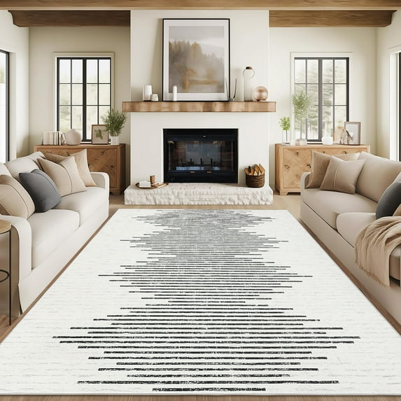 Hasoo Washable Bedroom Rug Geometric Striped Area Rug Soft Non Slip Low Pile Stain Resistant Carpet, Middle Stripe Beige 9' x 12'