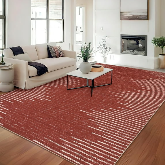 Hasoo Washable Bedroom Rug Geometric Striped Area Rug Soft Non Slip Low Pile Stain Resistant Carpet, Red 5' x 7'