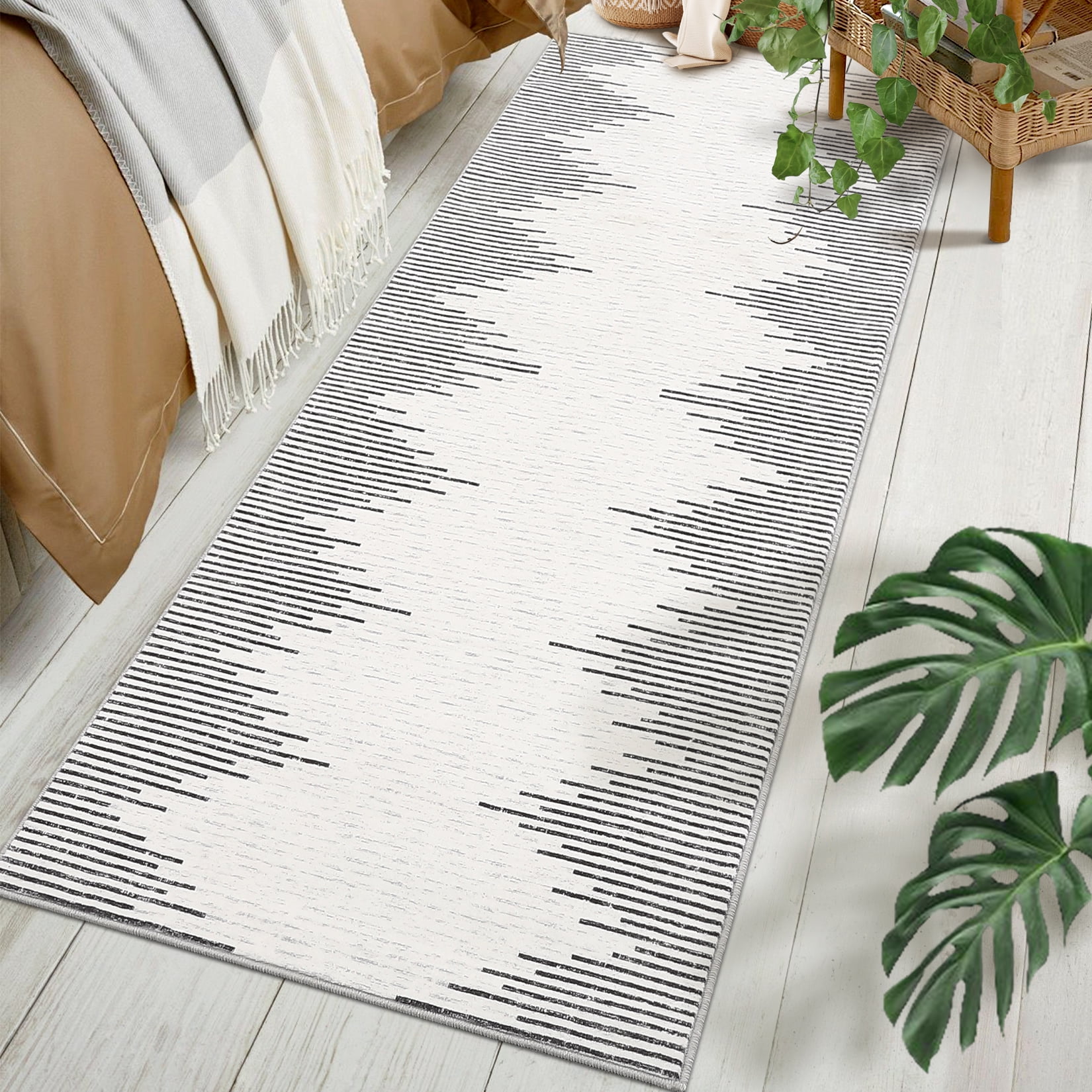 Hasoo Washable Bedroom Rug Geometric Striped Runner Soft Low Pile Carpet, Beige 2' x 6'