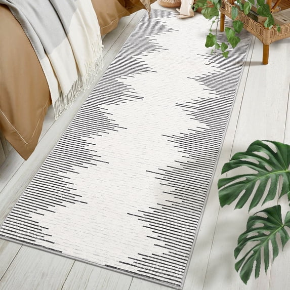 Hasoo Washable Bedroom Rug Geometric Striped Runner Soft Low Pile Carpet, Beige 2' x 6'