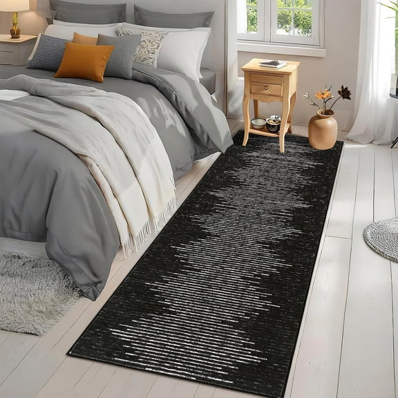 Hasoo Washable Bedroom Rug Geometric Striped Runner Soft Low Pile Carpet, Middle Stripe Black 2' x 6'