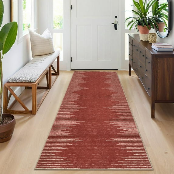 Hasoo Washable Bedroom Rug Geometric Striped Runner Soft Low Pile Carpet, Red 2' x 6'