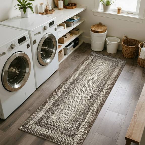 HOMERRY Washable Bordered Runner Rug for Hallway 2' x 6' Non-Slip Modern Braided Print Accent Indoor Carpet, Brown