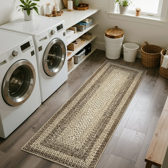 HOMERRY Washable Bordered Runner Rug for Kitchen 2' x 10' Non-Slip Modern Braided Print Accent Indoor Carpet, Camel