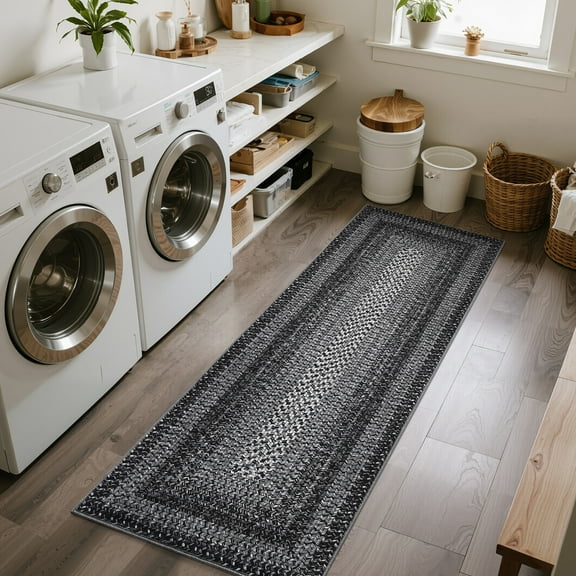 HOMERRY Washable Bordered Runner Rug for Kitchen 2' x 10' Non-Slip Modern Braided Print Accent Indoor Carpet, Dark Gray