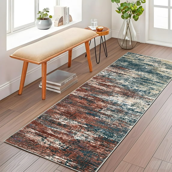 Hasoo Washable Entryway 2'x 6' Abstract Runner Rug for Hallway Polyester Non-Slip Foldable Indoor Carpet, Red/Green