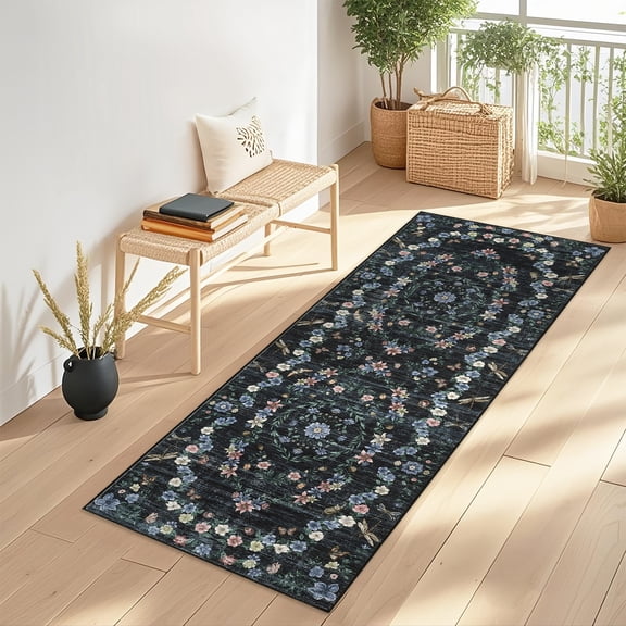 Hasoo Washable Entryway 2'x 6' Butterfly Floral Runner Rug for Hallway Polyester Non-Slip Foldable Indoor Carpet, Black