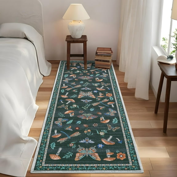 Hasoo Washable Entryway 2'x 6' Insect Floral Runner Rug for Hallway Polyester Non-Slip Foldable Indoor Carpet, Black