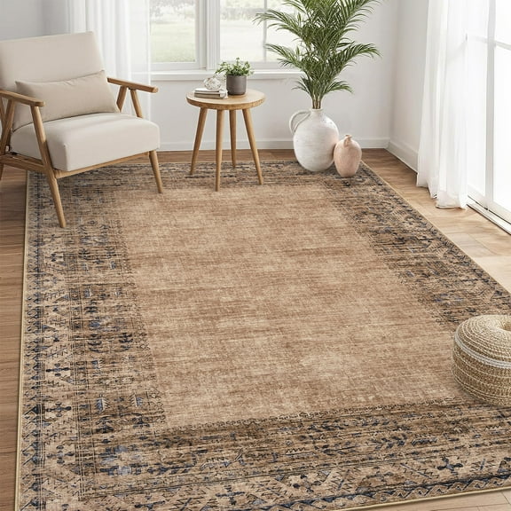 Hasoo Washable Entryway 3'x 5' Border Rug for Enterday Kitchen Polyester Non-Slip Foldable Indoor Carpet, Brown