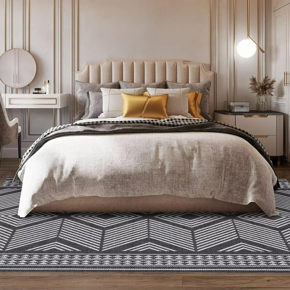 Hasoo Washable Geometric Area Rug 8x10 Rug for Bedroom Farmhouse Boho Indoor Carpet Home Decor, Black