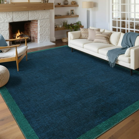 Hasoo Washable Geometric Border Living Room Area Rug 10x13 Large Modern Solid Soft Non Slip Indoor Navy Neutral Carpet