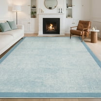 Hasoo Washable Geometric Border Living Room Area Rug 8x10 Large Modern Solid Soft Stain Resistant Indoor Light Blue Neutral Carpet