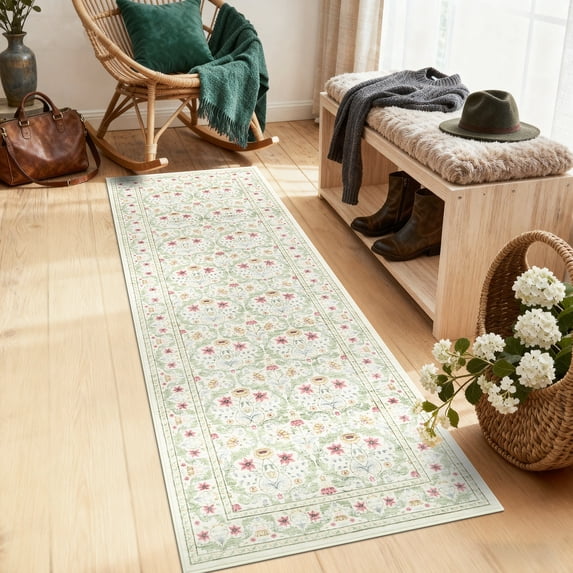 Hasoo Washable Indoor Carpet Runner Non-Slip Low Pile 2' x 6' Vintage Floral Area Rug for Kitchen, Beige