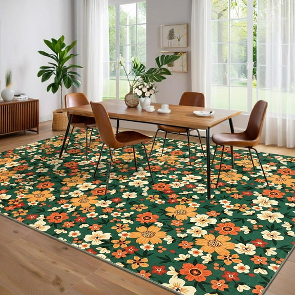 Hasoo Washable Indoor Modern Floral Rug 9x12ft Area Rug for Living Room Non Slip Non Shedding Throw Carpet for Bedroom Office, Green