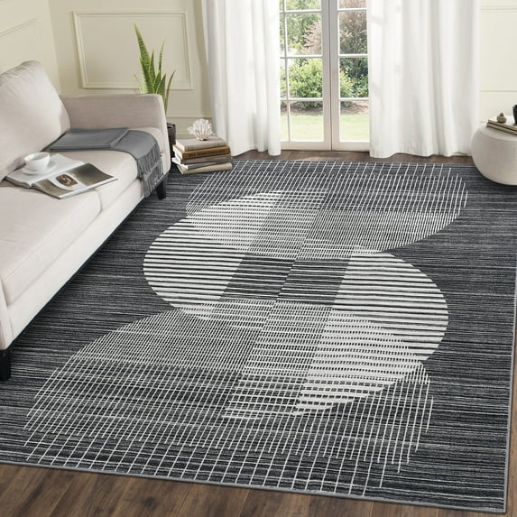 Hasoo Washable Indoor Modern Geometric Rug 10x13ft Area Rug for Living Room Non Slip Non Shedding Throw Carpet for Bedroom Office, Black
