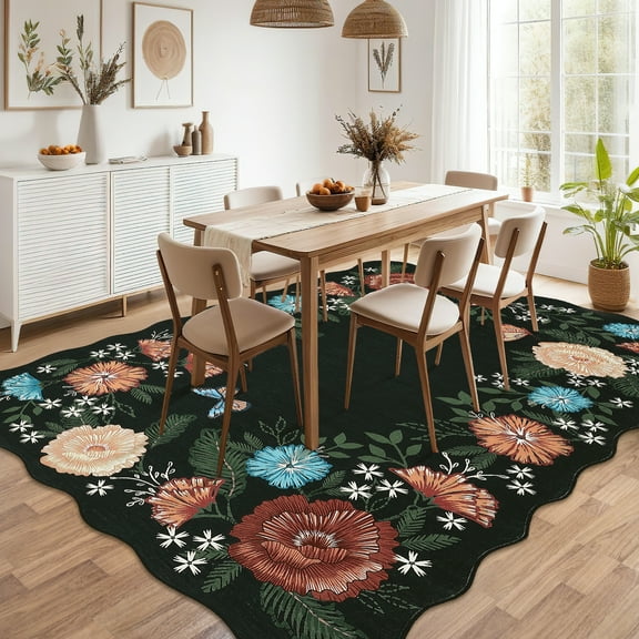 Hasoo Washable Large 10' x 13' Area Rug for Living Room Modern Indoor Scalloped Carpet Non-shedding, Black