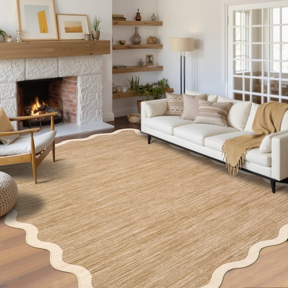 Hasoo Washable Large 10' x 13' Area Rug for Living Room Modern Indoor Scalloped Carpet Non-shedding, Camel