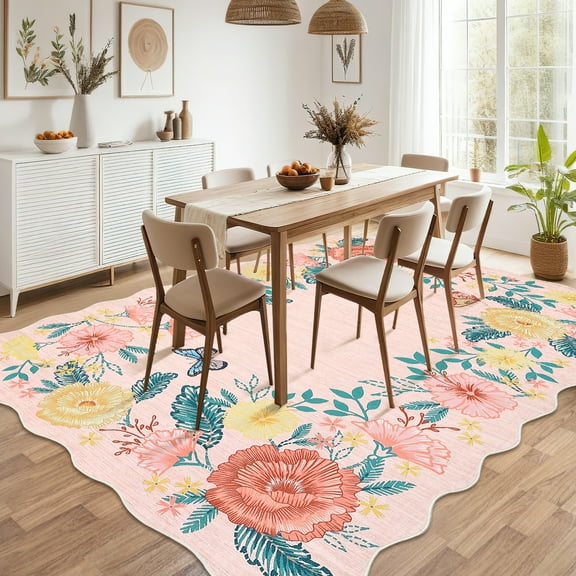 Hasoo Washable Large 10' x 13' Area Rug for Living Room Modern Indoor Scalloped Carpet Non-shedding, Pink