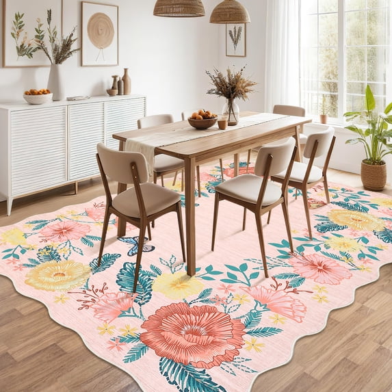 Hasoo Washable Large 10' x 13' Area Rug for Living Room Modern Indoor Scalloped Carpet Non-shedding, Pink