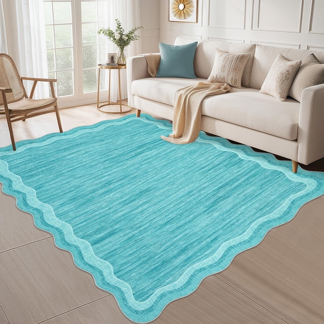 Hasoo Washable Large 10' x 13' Area Rug for Living Room Modern Indoor Scalloped Carpet Non-shedding, Teal
