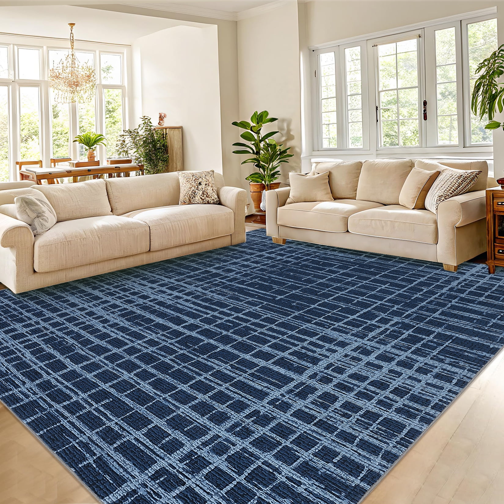 Hasoo Washable Large 10' x 13' Geometric Grid Area Rug for Living Room Soft Indoor Carpet, Blue