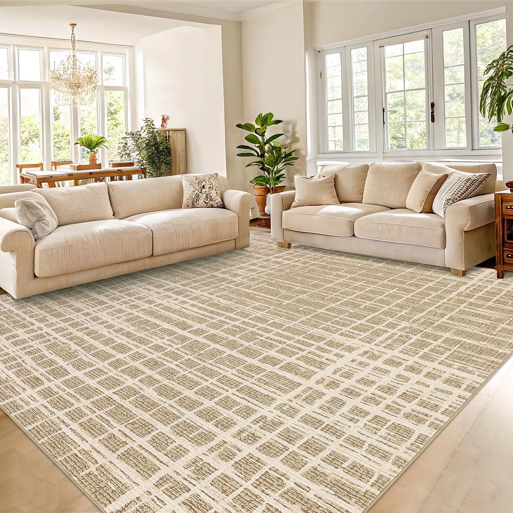 Hasoo Washable Large 10' x 13' Geometric Grid Area Rug for Living Room Soft Indoor Carpet, Camel