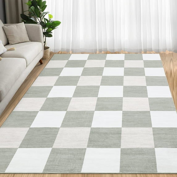 Hasoo Washable Large Area Rug 10' x 13' Plaid Style Rugs for Living Room Non-Slip Accent Indoor Carpet Gray