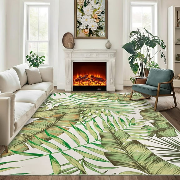 Hasoo Washable Large Area Rug Palm Tree Leaf Rug Indoor Throw Rug Non-Slip Low Pile 10' x 13' Rug for Living Room Bedroom, Green