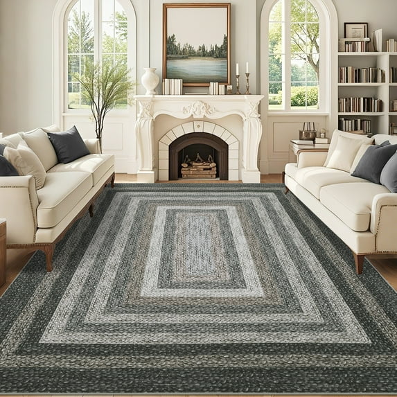 HOMERRY Washable Large Rug for Living Room 8' x 10' Braided Print Modern Bordered Soft Non-Slip Indoor Carpet, Black/Brown