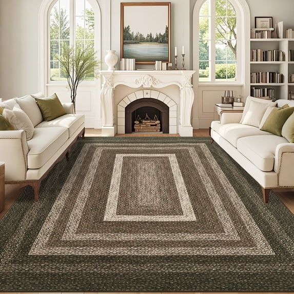 HOMERRY Washable Large Rug for Living Room 9' x 12' Braided Print Modern Bordered Soft Non-Slip Indoor Carpet, Brown